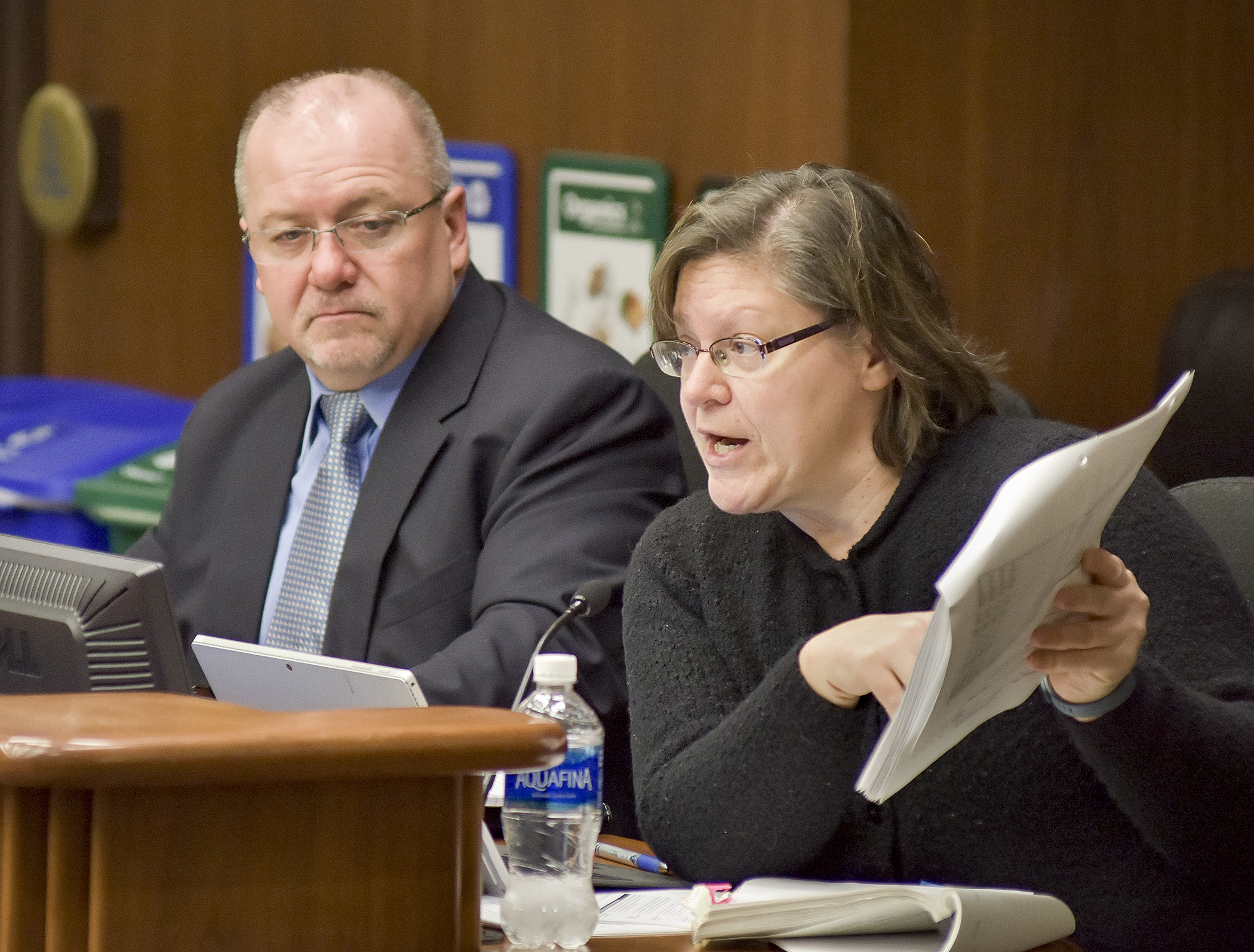 Chief Financial Officer Barb Juelich and Assistant Commissioner Bob Meier present a Department of Natural Resources budget report to the House Environment and Natural Resources Policy and Finance Committee Feb. 2. Photo by Andrew VonBank